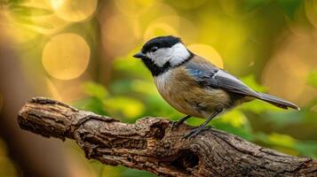 A close-up of a small bird perched on a branch amidst a blurred green background photo