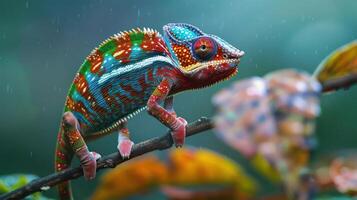 Colorful chameleon perched on a branch in a lush rainforest during a light rain, showcasing vibrant patterns photo