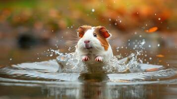 A playful guinea pig splashes joyfully in a serene pond surrounded by autumn leaves photo