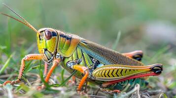 Vibrantly colored grasshopper perched on green grass, showcasing its intricate patterns and textures photo