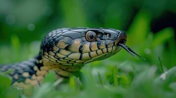 Close-up of a striking snake with a flicking tongue in a lush green environment, highlighting nature photo
