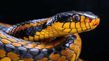 Close-up of a vibrant yellow and black snake coiled against a dark background, showcasing its intricate patterns photo