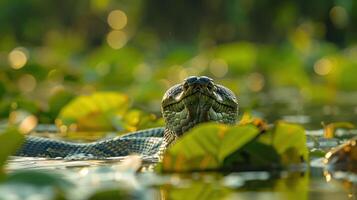 Serene waterscape featuring a snake among lily pads in a tranquil natural setting photo