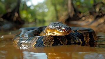 Close-up of a snake resting in a shallow river surrounded by lush greenery and trees photo
