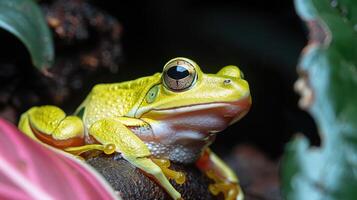 Close-up of a vibrant yellow tree frog perched on a log amidst lush green foliage in a tropical setting photo