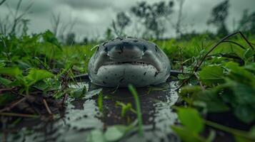 Close-up view of a fish resting in shallow water surrounded by lush green vegetation and overcast skies photo