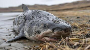 A close-up view of a stranded shark on a sandy beach with a blurred landscape in the background photo
