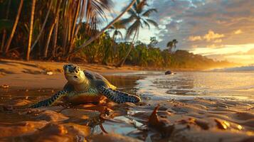 A sea turtle emerging onto a tranquil beach at sunset, surrounded by lush palm trees and gentle waves photo