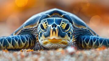 Close-up of a serene sea turtle resting on sandy beach with soft bokeh background photo