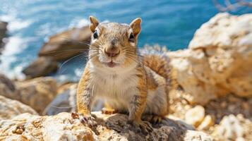 Close-up of a curious squirrel perched on rocky terrain by the ocean, with waves crashing in the background photo