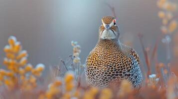 Close-up of a colorful bird amidst soft, blurred foliage in a serene natural setting photo