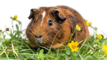 Adorable guinea pig surrounded by vibrant green grass and colorful flowers in a bright setting photo