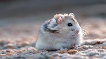 Adorable small hamster sitting on soft surface, surrounded by natural light and blurred background photo