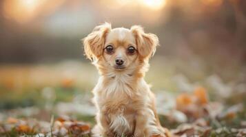 Small dog sitting in a grassy area surrounded by autumn leaves during sunset photo