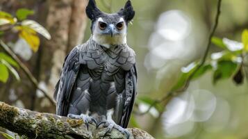 Majestic owl perched on a branch in a lush forest, showcasing its striking features and vibrant habitat photo