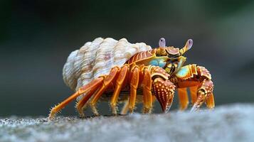 Vibrant Hermit Crab Crawling on a Rocky Surface with a Natural Background and Soft Focus photo