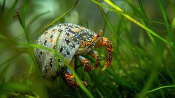 Close-up of a colorful crab navigating through lush underwater vegetation in a serene aquatic environment photo