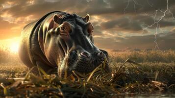 Hippo grazing in a wetland at sunset with dramatic clouds and lightning in the background photo