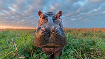 Hippo grazing in a lush field during sunset with a dramatic sky in the background photo