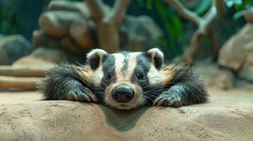 Close-up of a badger resting on a sandy surface, surrounded by natural foliage and rocks photo