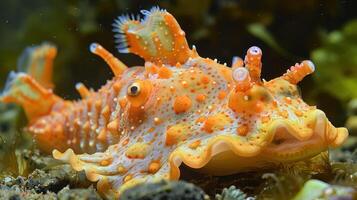 Vibrant underwater scene featuring a colorful sea creature amidst coral and aquatic plants photo