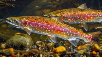 Underwater scene featuring vibrant trout swimming among pebbles in a clear stream photo