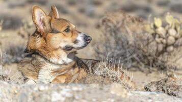 A relaxed corgi resting on a rocky terrain amidst desert vegetation under a clear sky photo