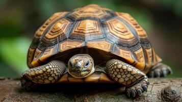 Close-up of a tortoise resting on a log in a lush green environment with blurred foliage photo