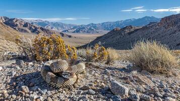 A coiled rattlesnake on rocky terrain with mountains in the background under a clear sky photo