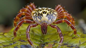 Close-up of a colorful spider perched on a vibrant green leaf in a lush forest setting photo