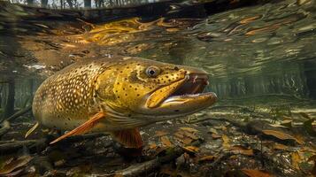 Underwater view of a trout swimming amidst autumn leaves in a serene forest lake photo