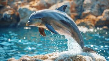 Dolphin leaping from the water near rocky shore, showcasing playful behavior in a serene marine environment photo