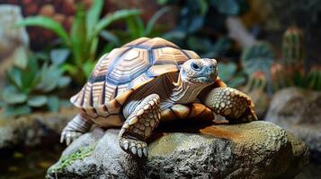 A tortoise perched on a rock amidst lush greenery, showcasing its intricate shell patterns photo