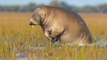 A serene scene of a hippo emerging from a wetland, surrounded by tall grasses under a clear sky photo