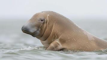 A serene walrus swimming gracefully in calm waters, with a misty coastline in the background photo