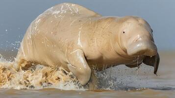 A river dolphin breaching the surface in muddy waters with splashes around it photo