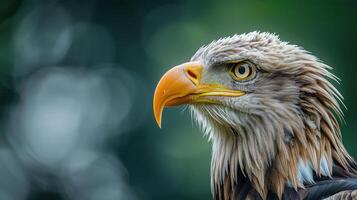 Majestic eagle portrait showcasing sharp features and vibrant colors against a blurred green background photo