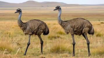 Two emus walking gracefully through a vast grassy landscape under a clear sky photo