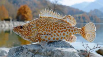 Colorful fish resting on a rock by a tranquil lake surrounded by autumn foliage and mountains photo