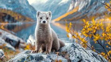 A curious marten perched on a rock by a tranquil lake surrounded by autumn foliage and mountains photo