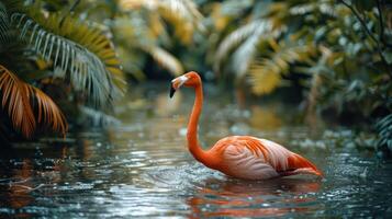 A vibrant flamingo wading through a tranquil pond surrounded by lush tropical foliage photo