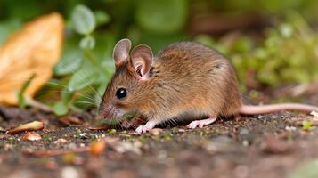A small mouse foraging on a forest floor surrounded by greenery and fallen leaves photo