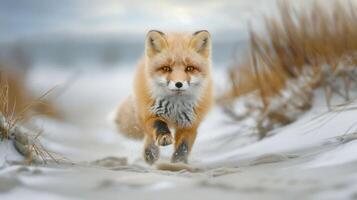 A red fox running through a snowy landscape with tall grass and a blurred background photo