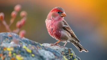 A vibrant bird perched on a mossy rock, surrounded by a colorful blurred background in nature photo