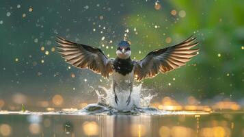 A majestic bird with outstretched wings splashes into a serene pond, surrounded by shimmering lights photo