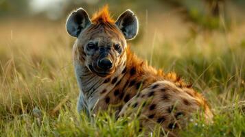 Close-up of a hyena resting in tall grass, showcasing its unique features in a natural setting photo