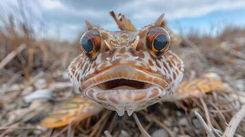 Close-up of a unique fish with striking features resting on sandy shore with blurred clouds photo
