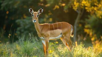 Graceful antelope standing in a sunlit meadow, surrounded by lush greenery and gentle light photo