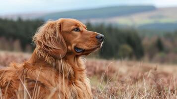 Majestic golden retriever gazing thoughtfully across a serene landscape with rolling hills and trees photo