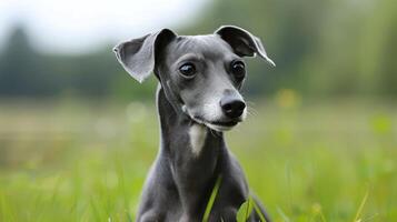 A graceful greyhound rests in a lush green field, surrounded by soft sunlight and blurred trees photo